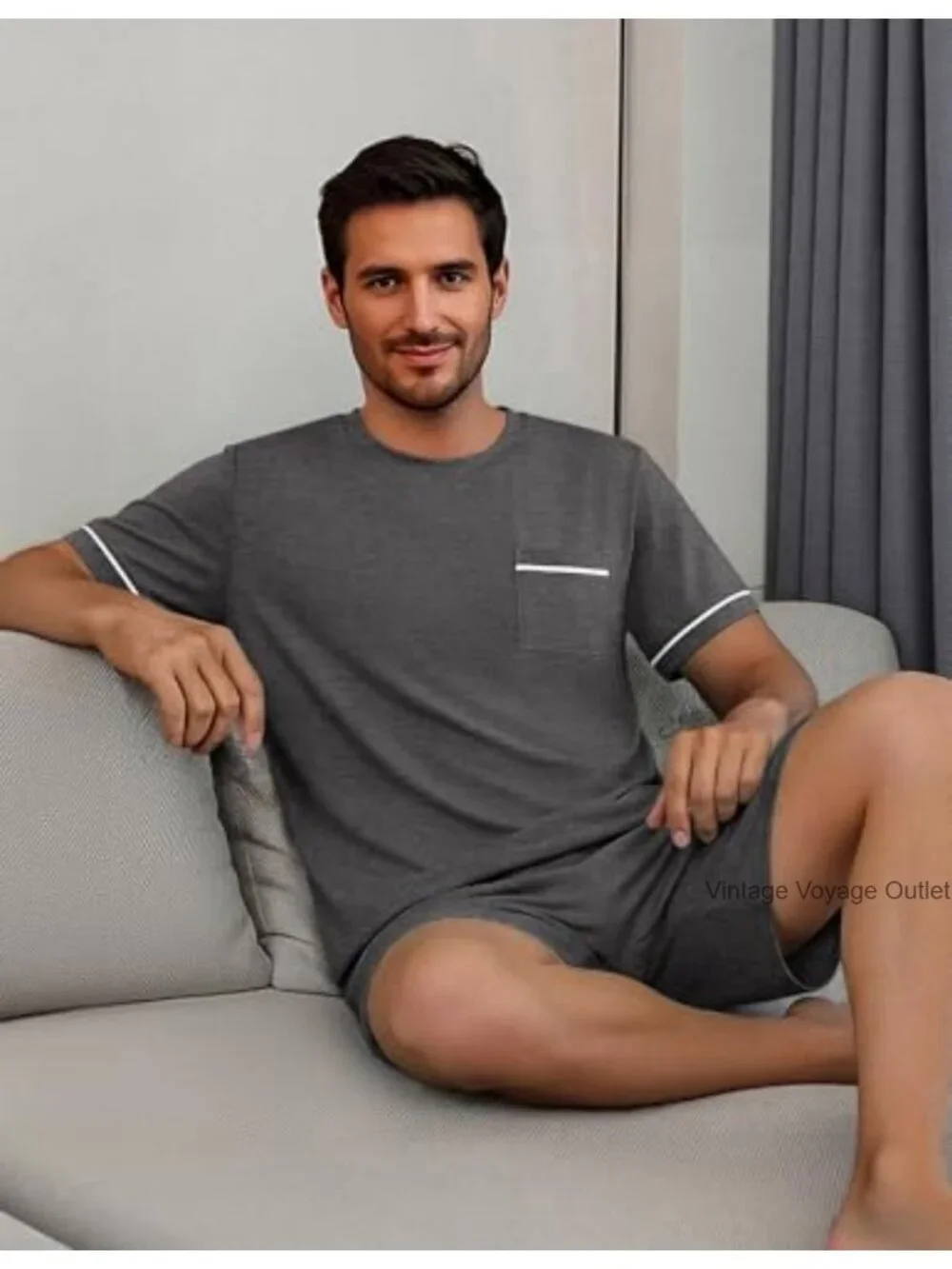 2 Piece Short Sleeve Pajama Set Crew Neck Lounge Shorts Sleepwear